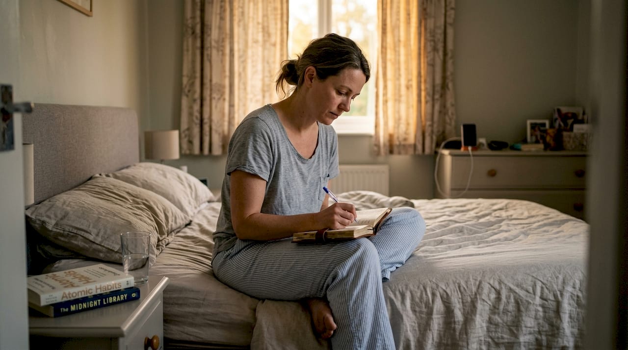 Woman journaling pre-bed in cozy bedroom