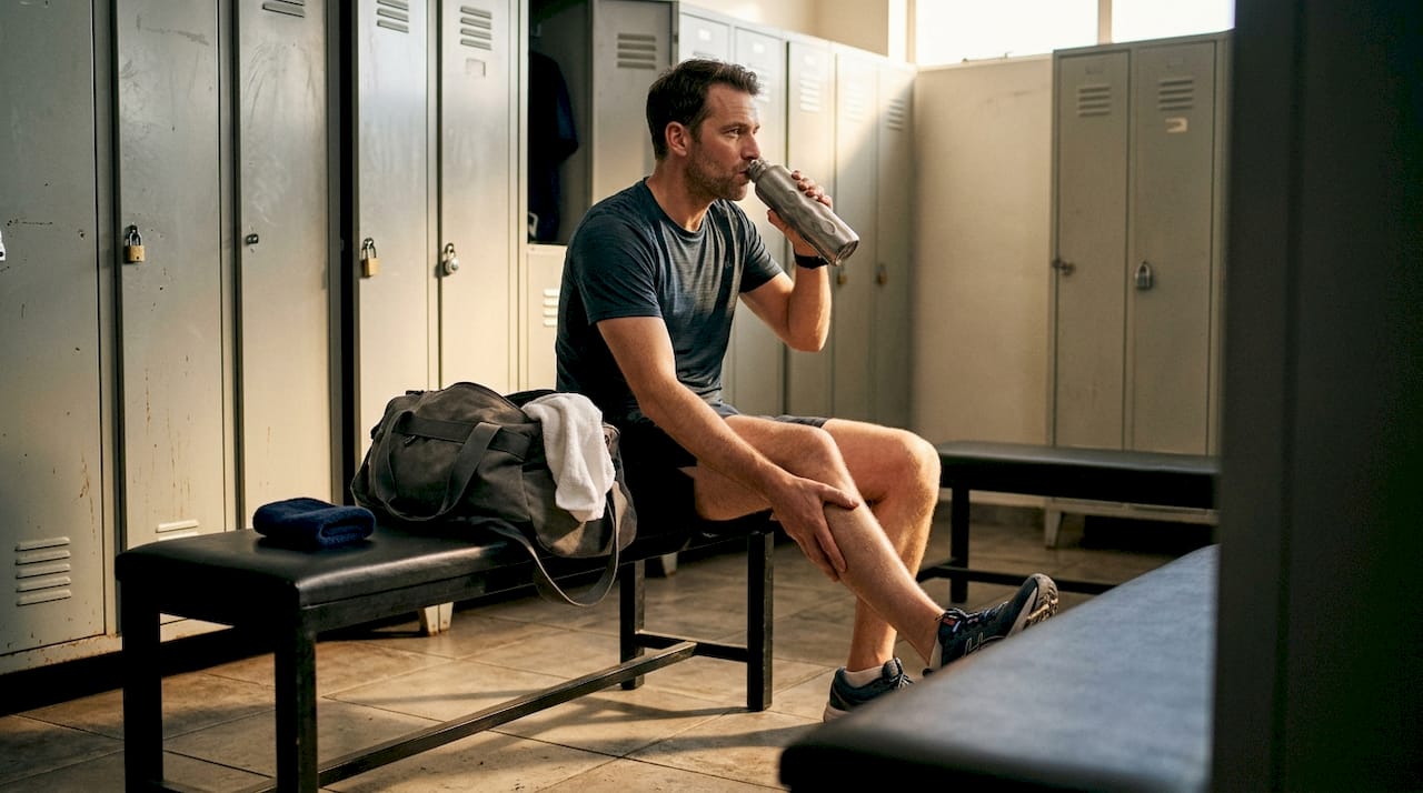 Athlete recovering muscle after workout in gym