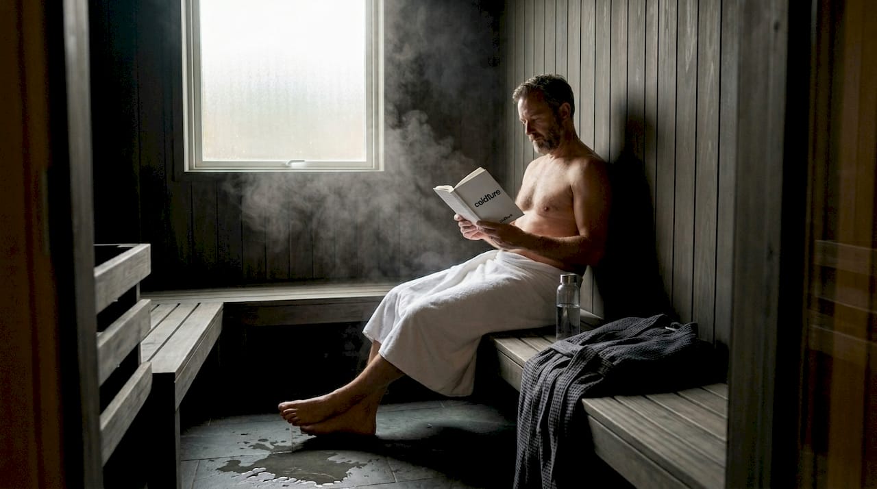 Man reading in home sauna, morning light
