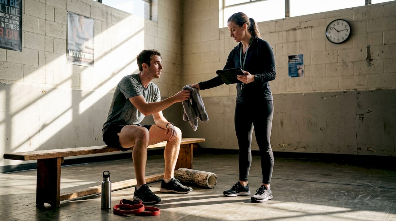 Trainer assists athlete after workout session