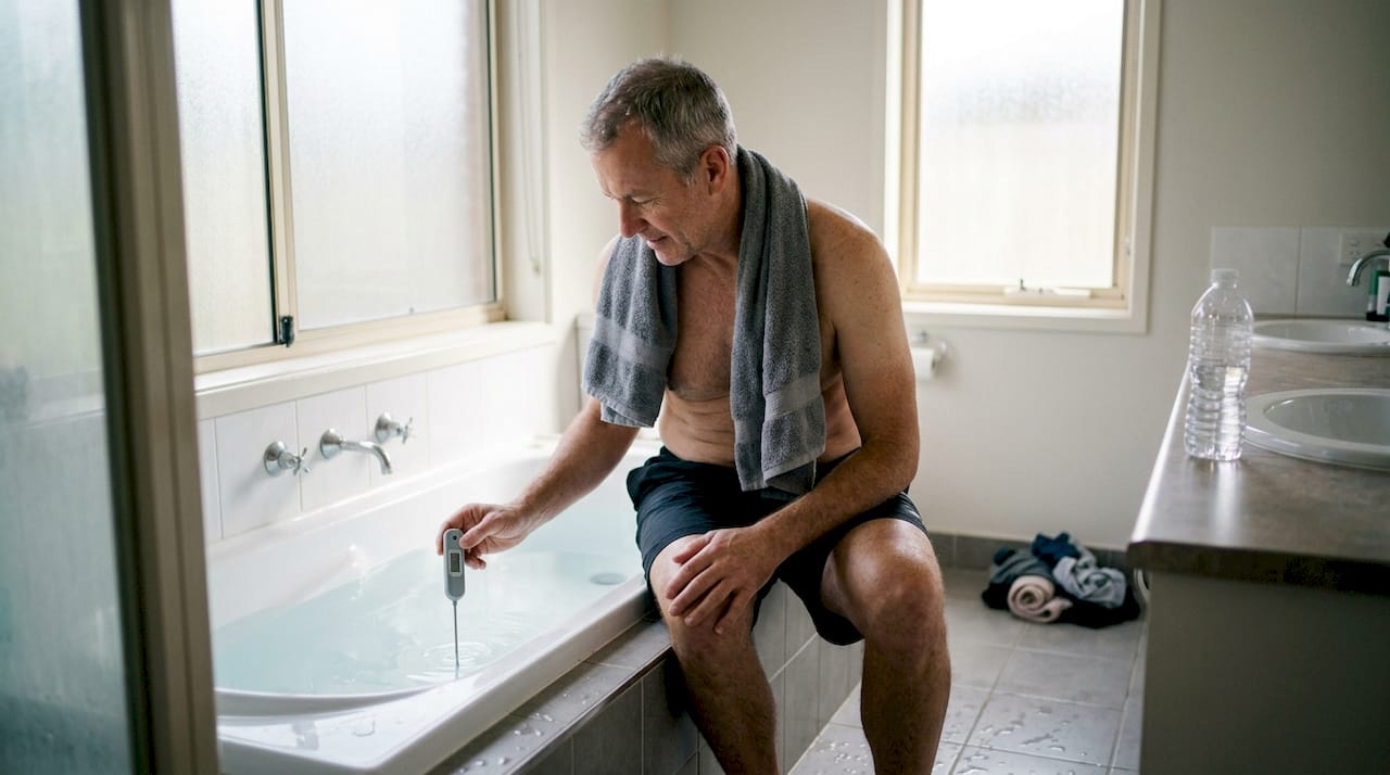 Man prepping cold bath in home bathroom