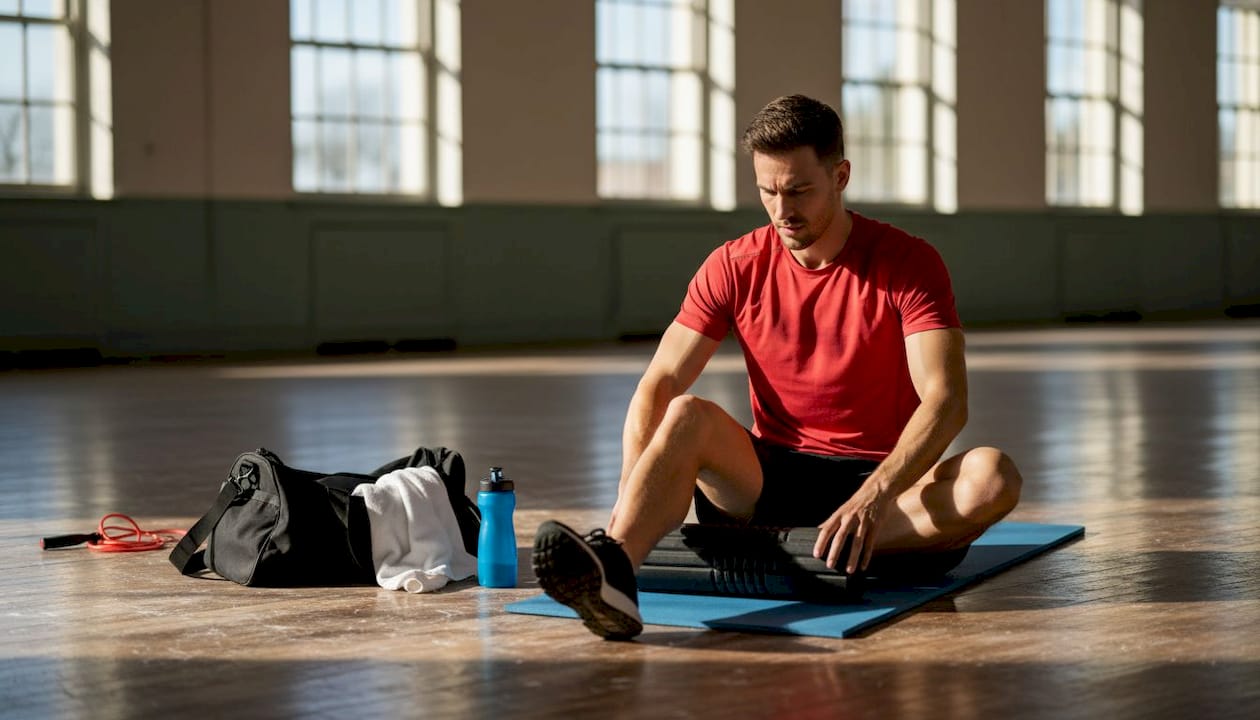 Athlete using foam roller in gym recovery