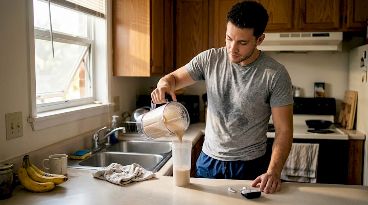 Athlete making recovery shake in kitchen
