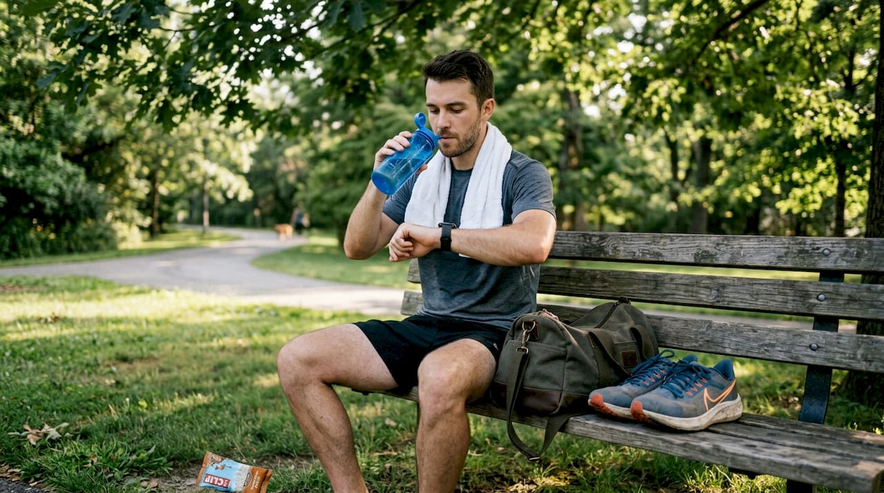 Athlete tracking recovery post-workout in park