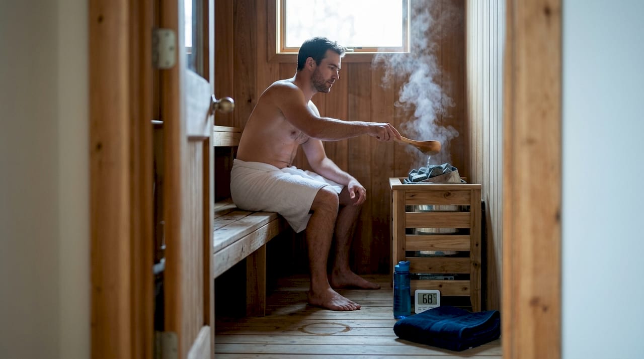 Man using home sauna with steam rising