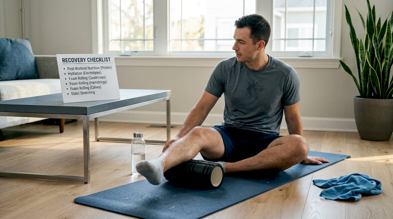 Athlete following home recovery steps on mat