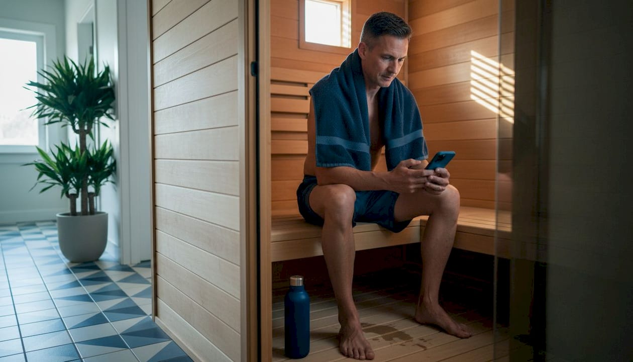 Person relaxing in home sauna entrance
