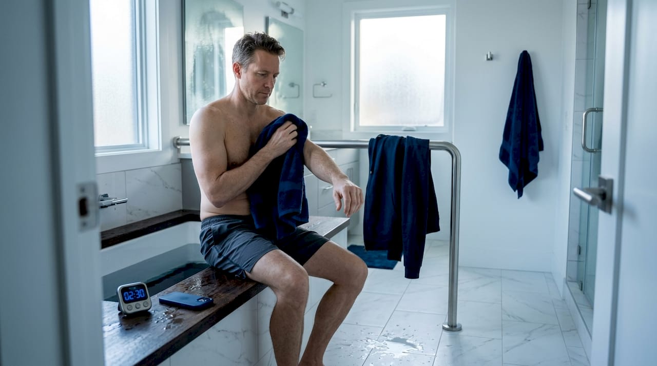 Man in home bathroom after cold plunge
