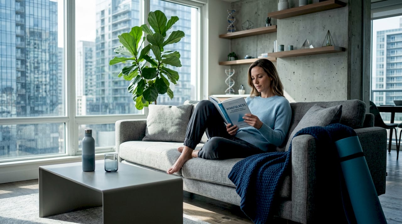 Woman reading in sunlit wellness-focused living room