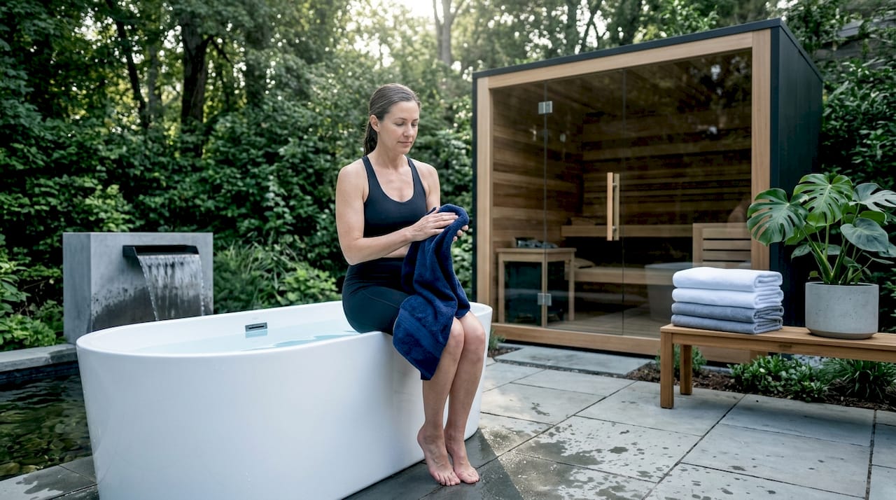 Woman in home spa with cold plunge