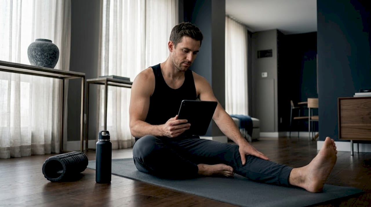 Athlete stretching during at-home recovery routine