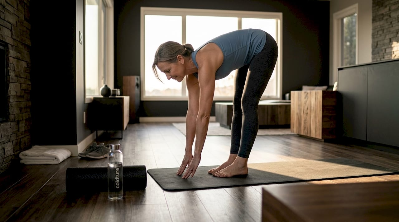Woman stretching on yoga mat for recovery