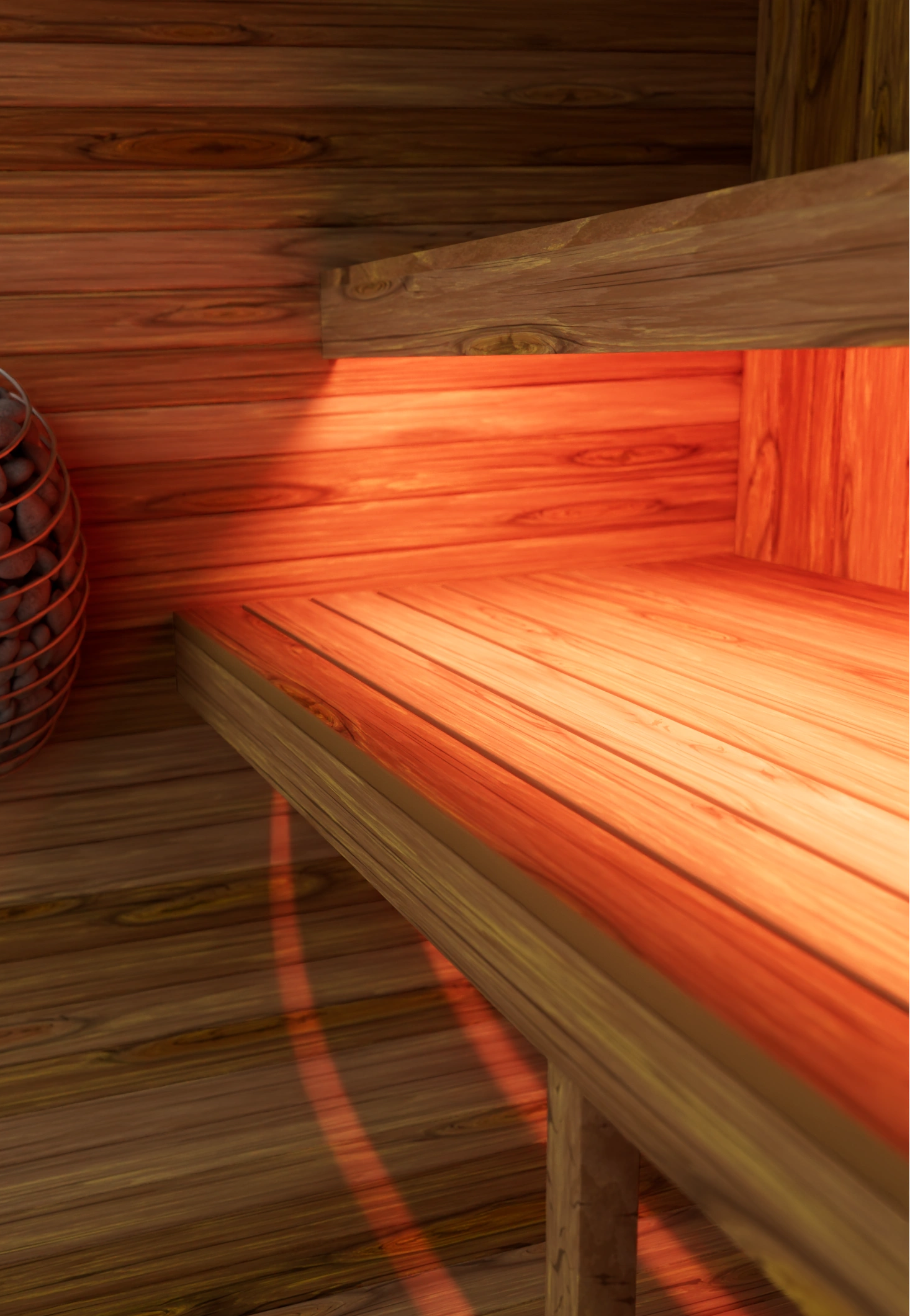 Infrared sauna with wooden bench and basket of stones