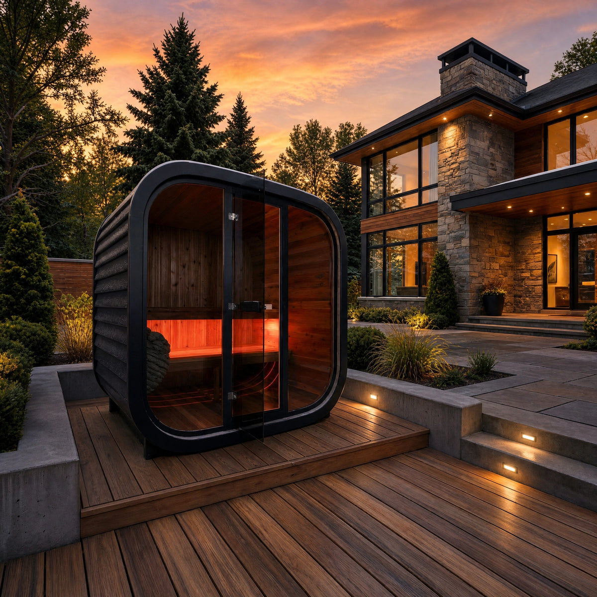Coldture XTREME outdoor sauna on a backyard deck at sunset